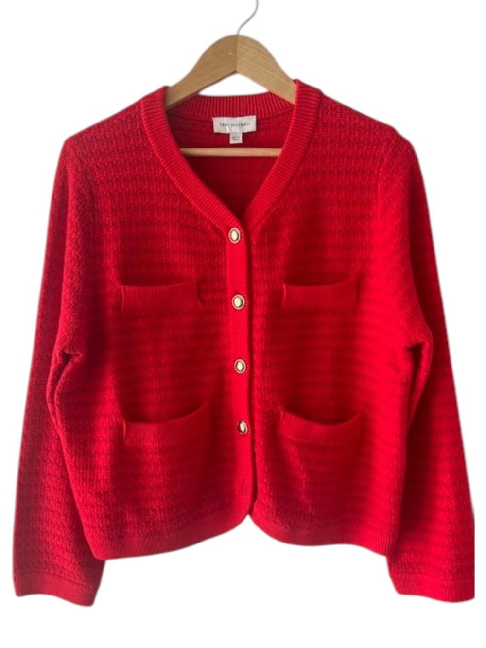 Red Textured Knit Cardigan Button Front Pocket Soft Sweater Preppy Classic L